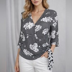 Spense Gingham Floral Wrap Blouse Black White Tie Waist (1117)